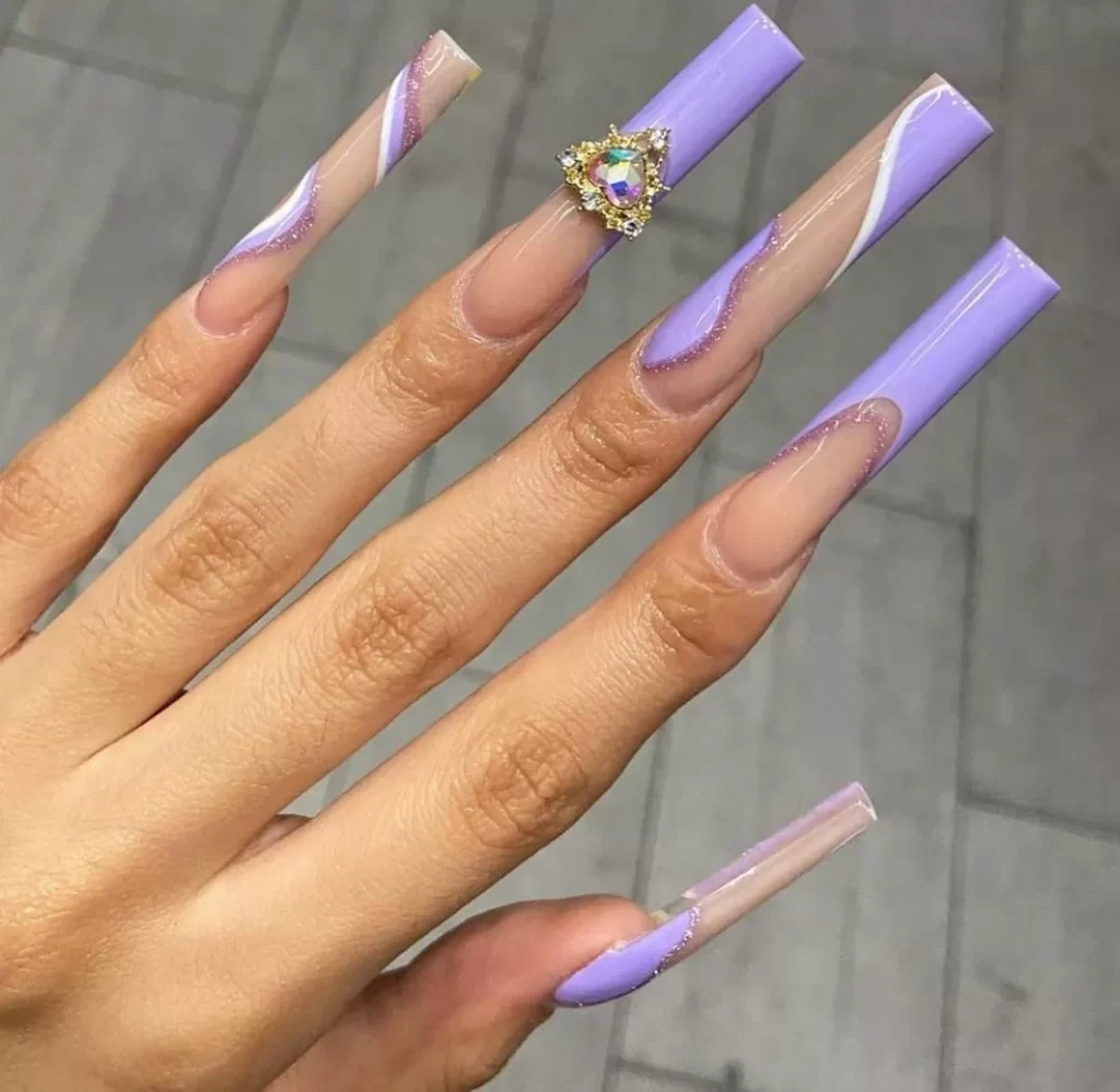 Purple Extra Long Acrylic Nail Ideas With Crown Stones