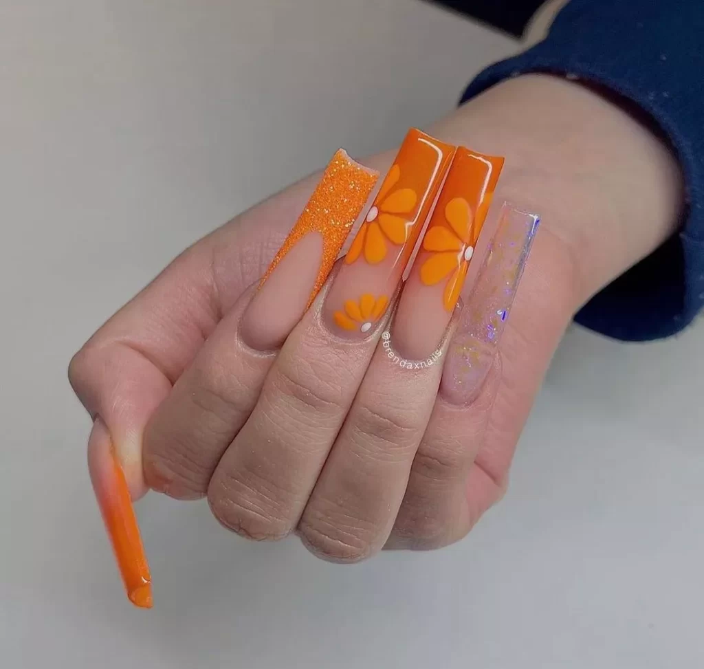 Orange Cute And Long Acrylic Nails Designs