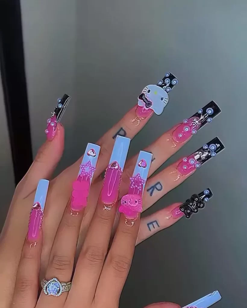 Glossy Ombre Acrylic Nails Ideas With Hello Kitty Nail Art