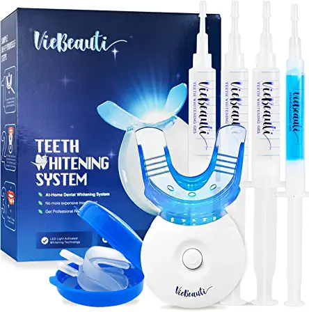 VieBeauti Teeth Whitening Kit - 5X LED Light Tooth Whitener with 35% Carbamide Peroxide, Mouth Trays, Remineralizing Gel and Tray Case - Built-In 10-Minute Timer Restores Your Gleaming White Smile